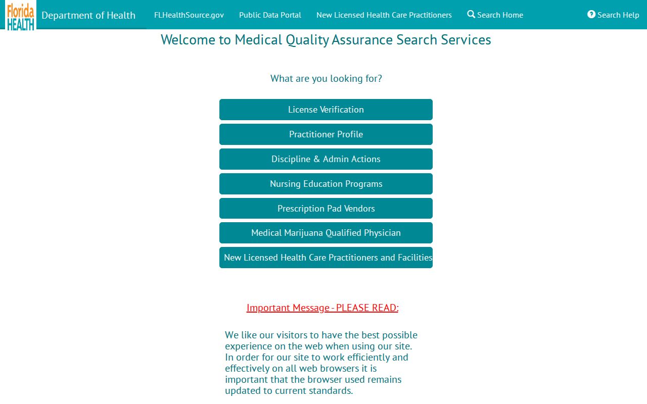Florida MQA practitioner search for Cooper City license verification