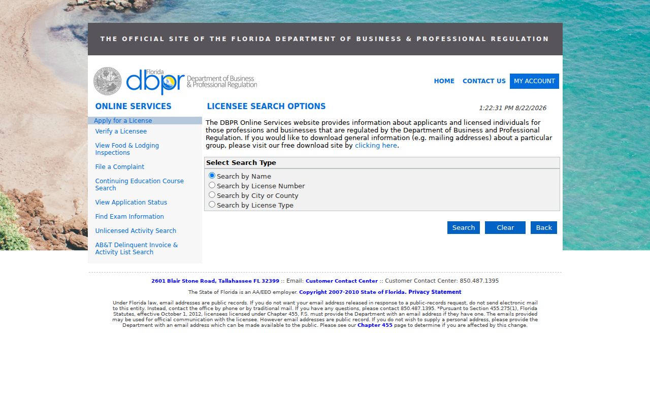 Florida DBPR license lookup for a Cooper City public role