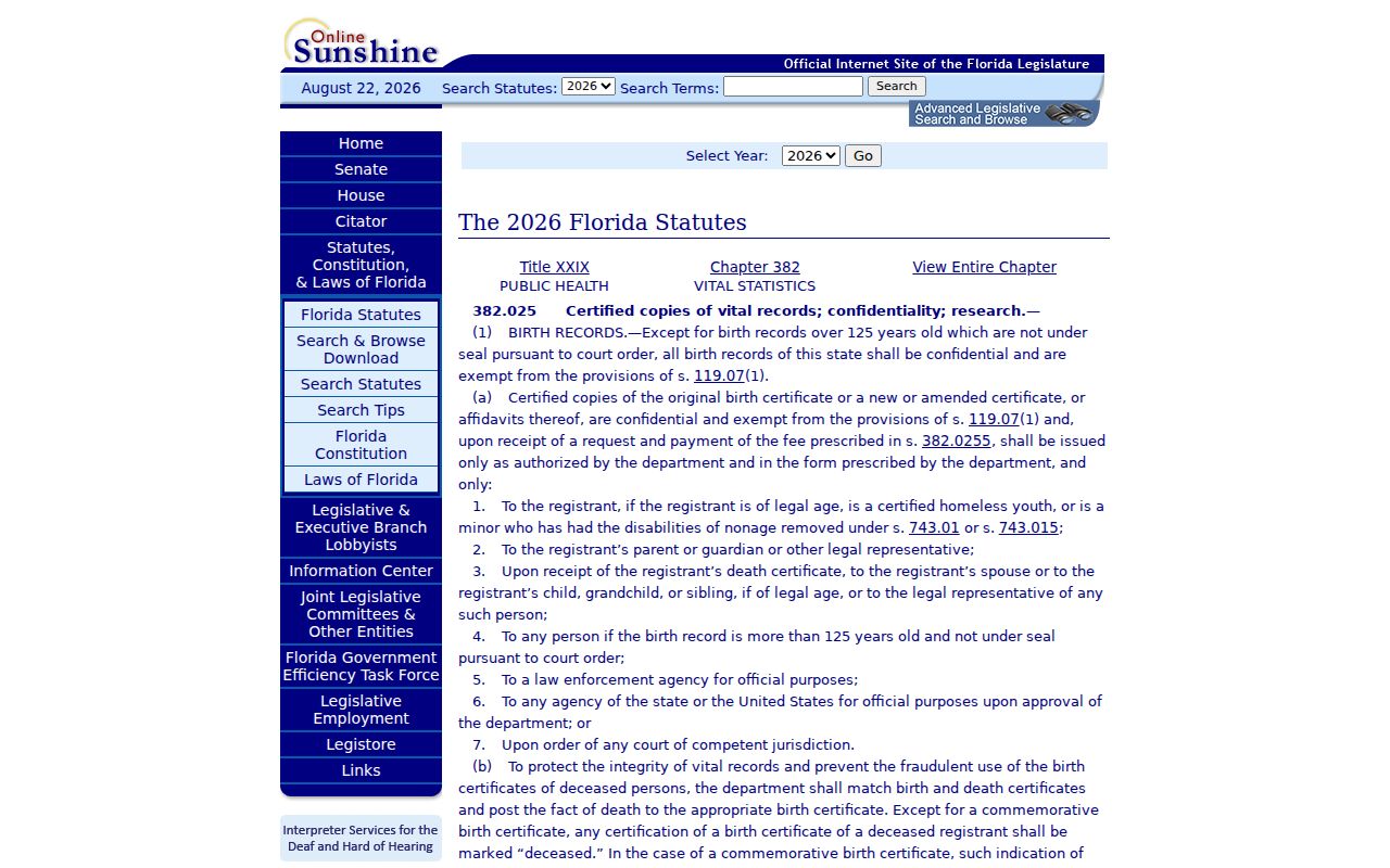 Cooper City previous residents Florida vital records confidentiality law