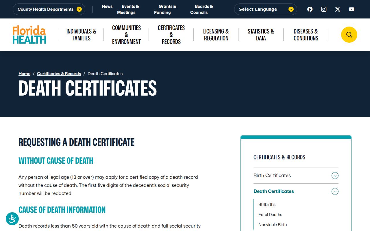 Florida death certificate options used to verify Cooper City resident records