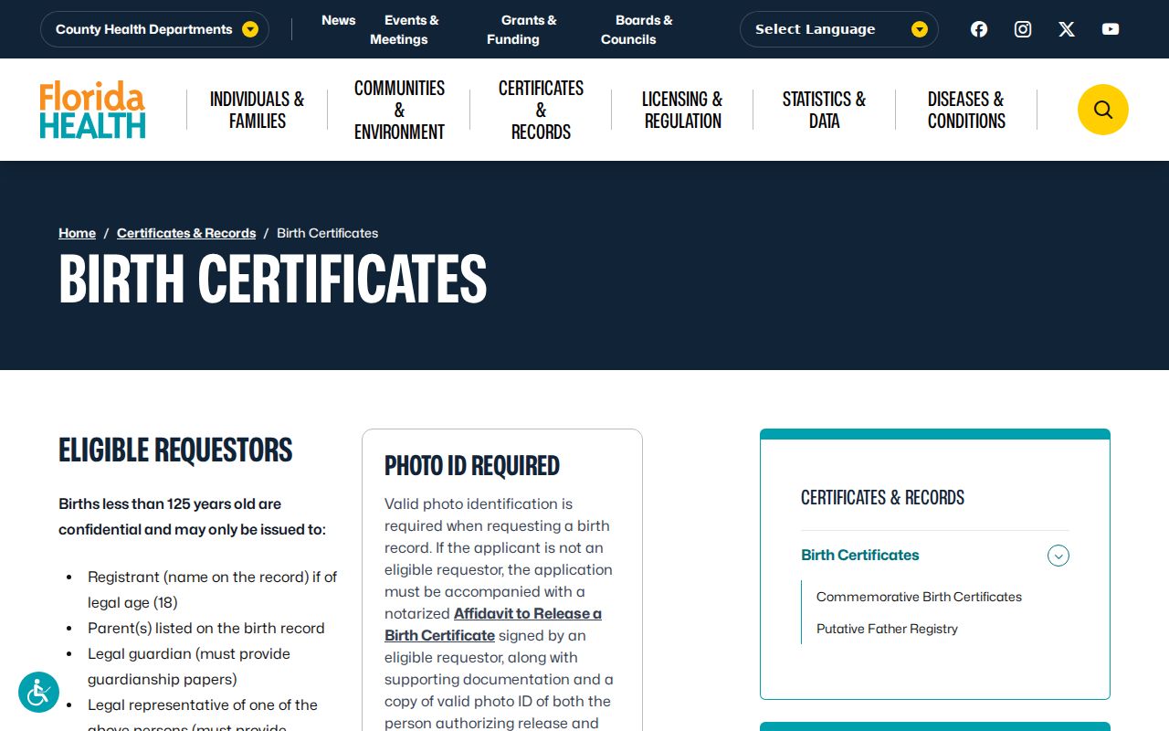 Florida birth certificate access rules for Cooper City resident research