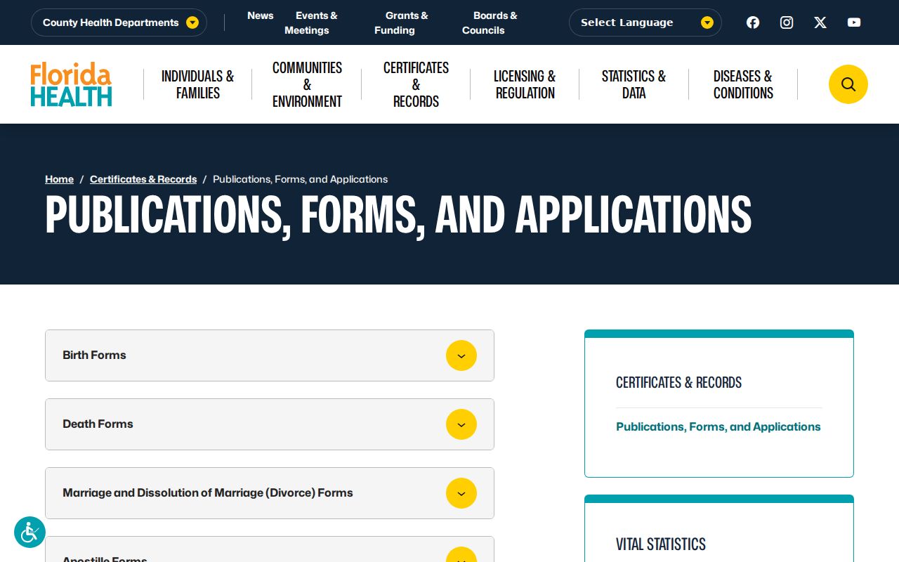 Florida vital records forms for Cooper City resident research