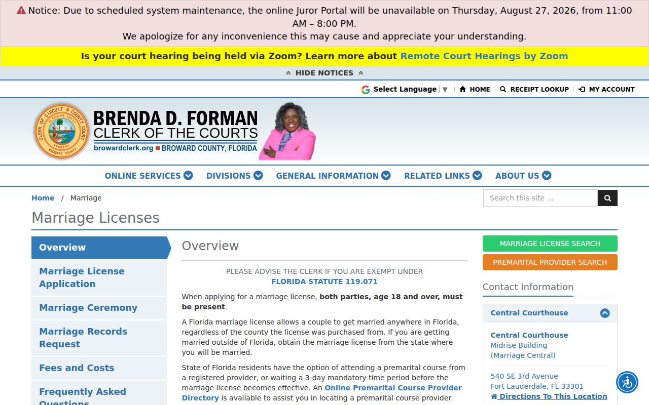Broward Clerk marriage records page for a Cooper City resident lookup