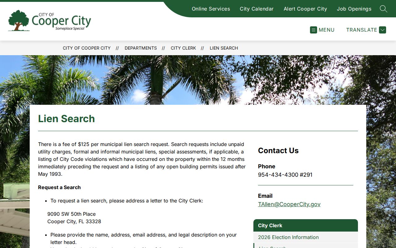 Cooper City street directory address lien search instructions